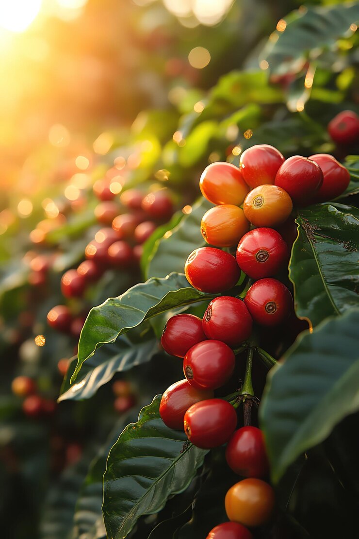 Close-up de cerejas de café vermelhas maduras em folhas verdes vibrantes com a luz dourada do sol filtrando