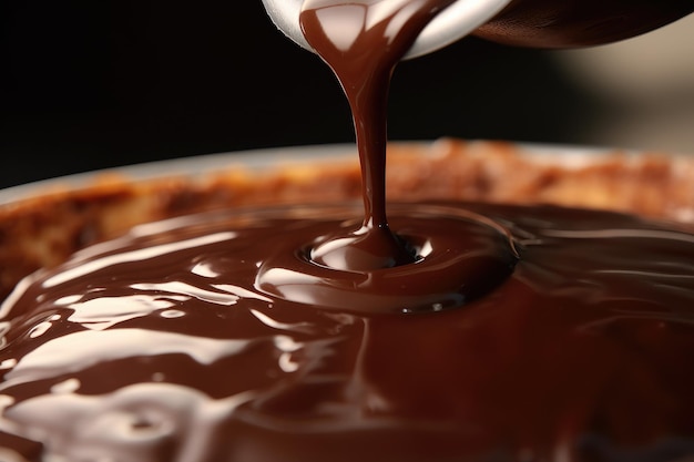 Foto close-up de chocolate derretido sendo derramado em uma sobremesa