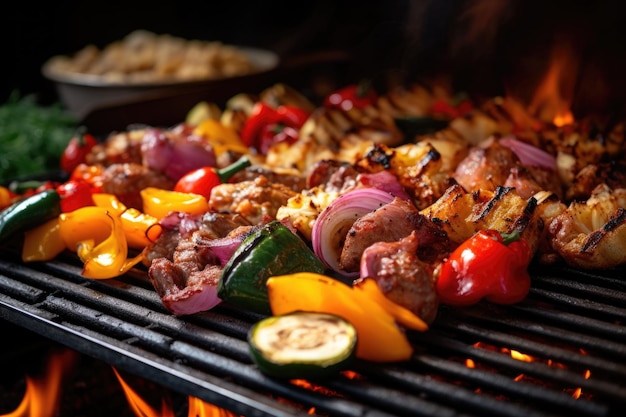 Close-up de churrasco com legumes e carne