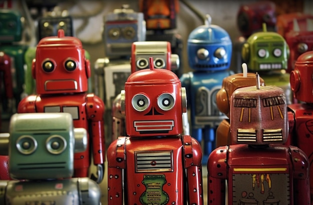 Close-up de coleção de brinquedos de robô de lata vintage de variedade colorida