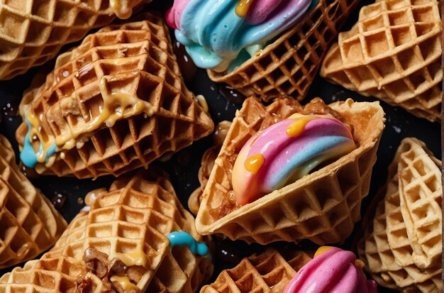 Foto close-up de colheres cremosas em cone de waffle tentação indulgente