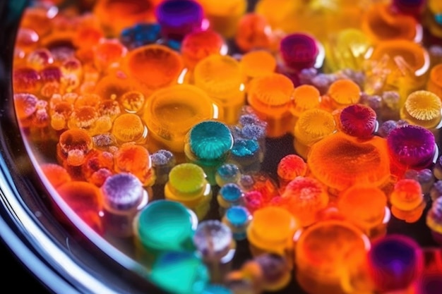 Close-up de colônias de bactérias coloridas em placa de Petri criada com IA generativa