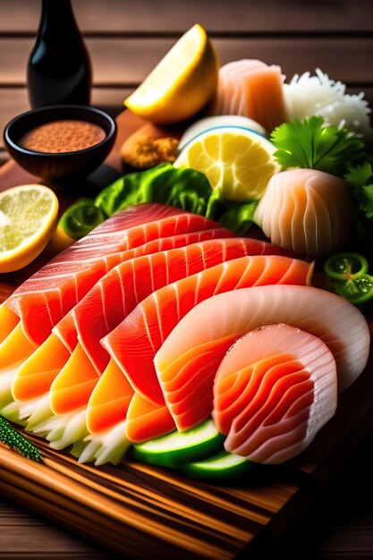 Close-up de comida japonesa misturada Sashimi prato de salada em mesa de madeira com borradas garrafas de sake fileiras em s