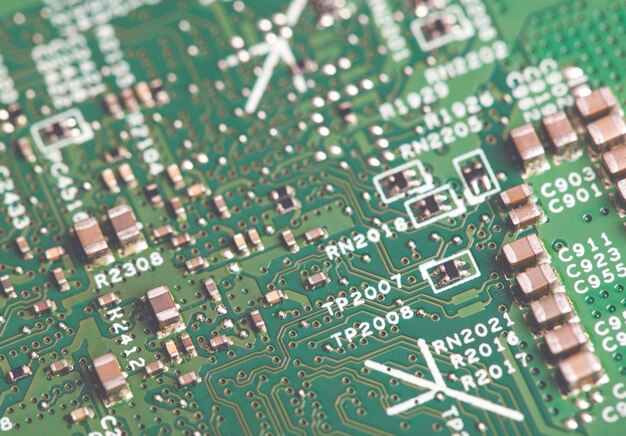 Foto close-up de componentes eletrônicos no chip de microprocessador da placa-mãe