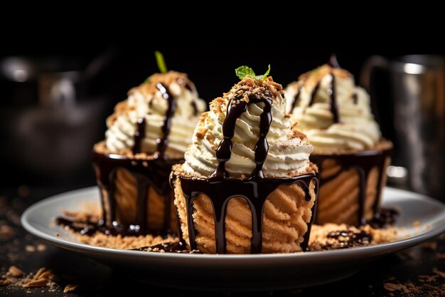 Foto close-up de cones de gelado tiramisu cobertos com molho de chocolate e migalhas de ladyfinger