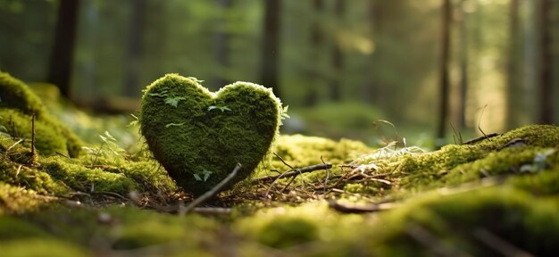 Close-up de coração de madeira em musgo sepultura natural na floresta IA generativa