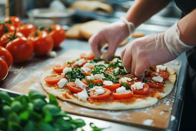 Close-up de cozinheira de luvas fazendo pizza em cozinha comercial