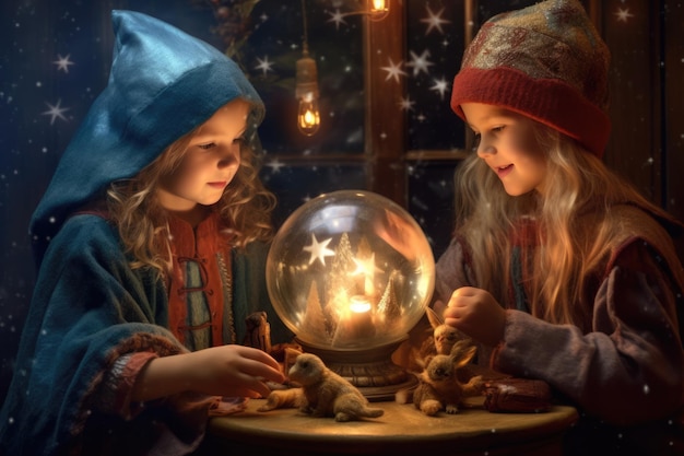 Close-up de crianças com uma bola de Natal mágica e imagem de conceito mágico de expressão alegre de Natal