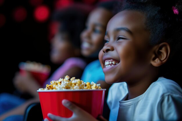 Close-up de crianças felizes comendo pipocas no cinema à noite