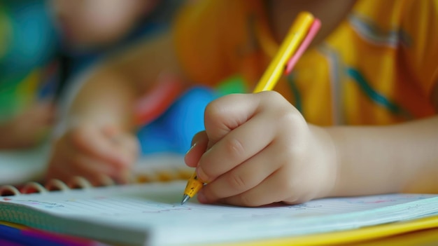 Close-up de crianças inteligentes e diversas escrevendo trabalhos de aula à mão na sala de aula