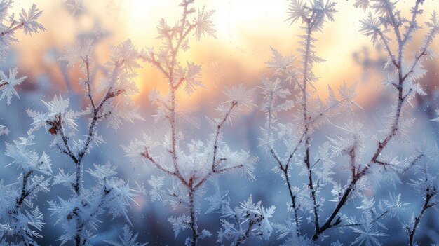 Close-up de cristais de gelo e neve em uma janela com um nascer quente do sol no fundo