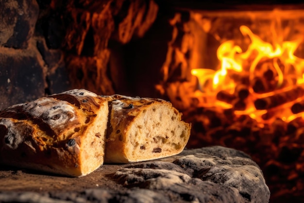 Close-up de crosta de pão rústica em forno de pedra criado com ai generativa