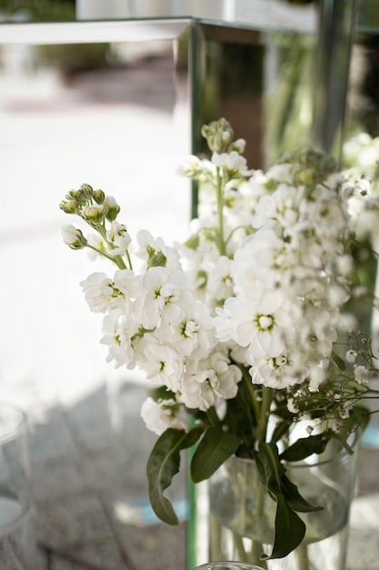 Close-up de decorações de casamento com flores frescas brancas Arranjos de casamento macios