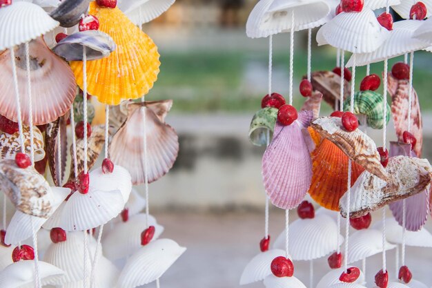 Foto close-up de decorações de conchas para venda na barraca do mercado