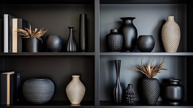 Close-up de decorações modernas, elegantes e elegantes, tigelas, vasos e esculturas em IA gerativa