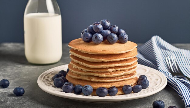 Foto close-up de deliciosas panquecas com mirtilos frescos sem glúten alimentação deliciosa para o pequeno-almoço