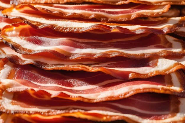 Foto close-up de deliciosas tiras de bacon cozido isoladas em fundo branco