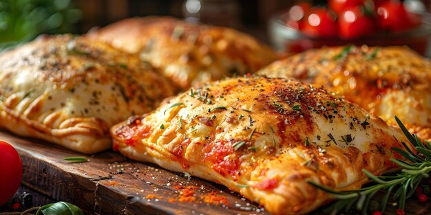 Foto close-up de delicioso calzone italiano com especiarias de queijo em um cenário de trattoria conceito de cozinha italiana fotografia de comida trattoria ambiance cheesy calzone close-up shots