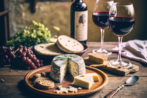 Close-up de deliciosos queijos e vinho tinto em uma mesa de madeira antiga