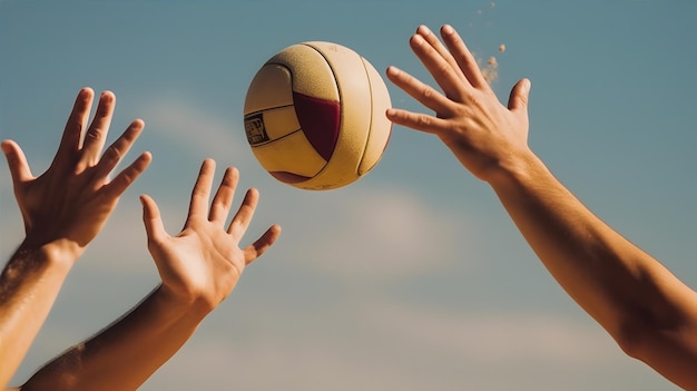 close-up de dois atletas jogando vôlei de praia suas mãos alcançando alto no ar para bater na bola