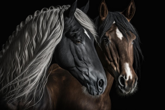 Close-up de dois cavalos em um fundo preto