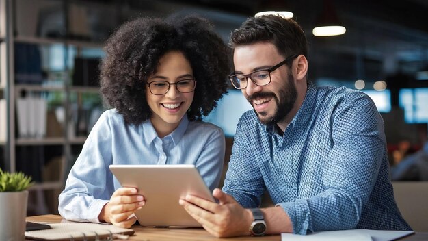 Foto close-up de dois colegas de trabalho sorridente usando tablet