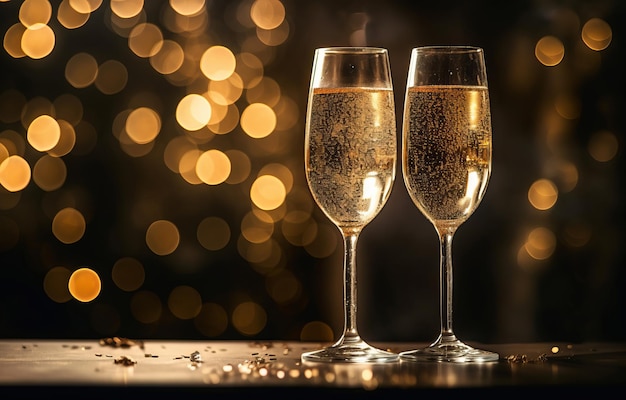 Close-up de dois copos com champanhe borbulhante inclinado um para o outro contra um fundo borrado