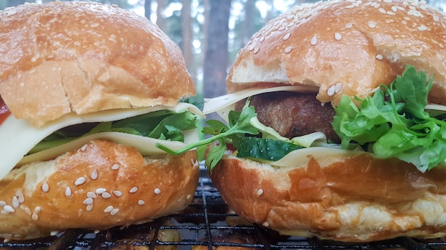 Close-up de dois grandes hambúrgueres DIY no parque em um churrasco, descansar e cozinhar em um piquenique no verão, comida deliciosa, cores vivas. Conceito de alimentos pouco saudáveis. Comida rápida.