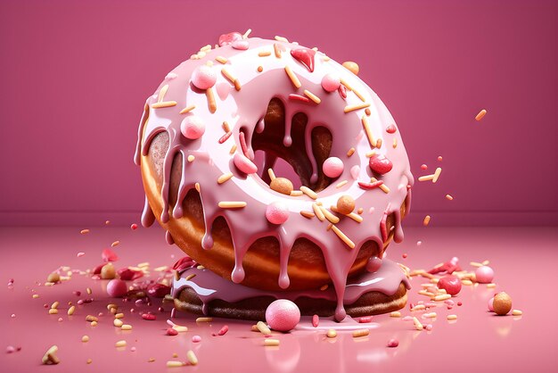 Close-up de donuts coloridos brilhantes com glasura e brilhos em um fundo rosa gerado ai