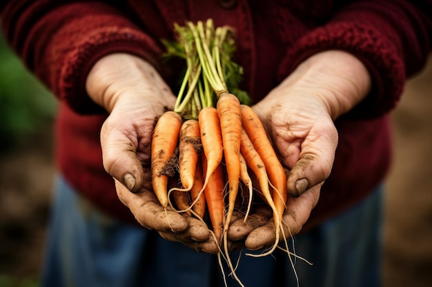 Foto close-up de duas mãos enrugadas, mãos cheias de cenouras frescas de um fazendeiro segurando algumas cenouras ju