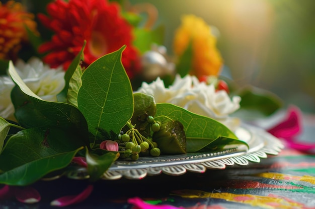 Close-up de elementos vibrantes da celebração de ugadi