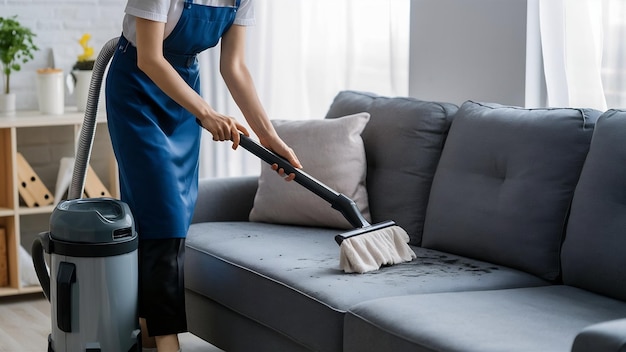 Close-up de empregada doméstica segurando lavadora moderna aspirador e limpeza sofá sujo com professi