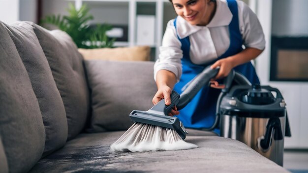 Foto close-up de empregada doméstica segurando lavadora moderna aspirador e limpeza sofá sujo com professi