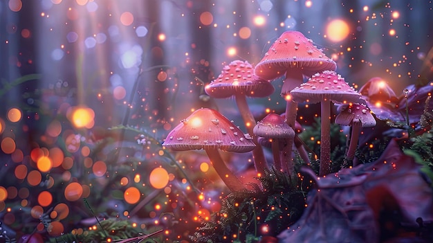 Close-up de encantadores cogumelos bioluminescentes iluminando uma floresta mística no crepúsculo
