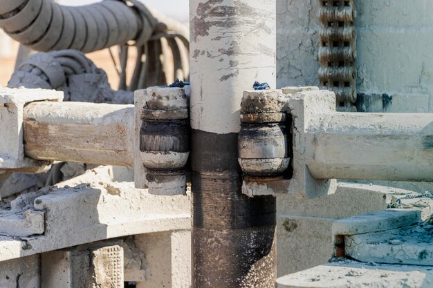 Close-up de equipamento de perfuração em um canteiro de obras. Furação profunda. Extração de óleo e gás minerais. Processo de trabalho.