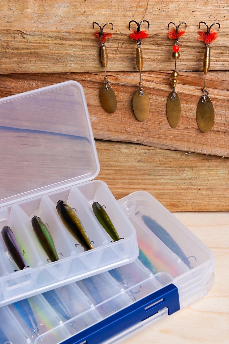 Foto close-up de equipamentos de pesca em caixa sobre a mesa