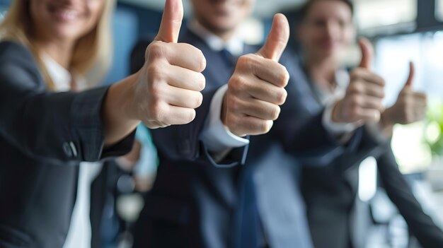 Close-up de equipe entusiasta dando o polegar para o sucesso Gesto de aprovação corporativa no ambiente de escritório moderno Profissionalidade e atitude positiva Capturada AI