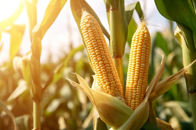 Close-up de espigas de milho em um campo de plantação de milho IA generativa