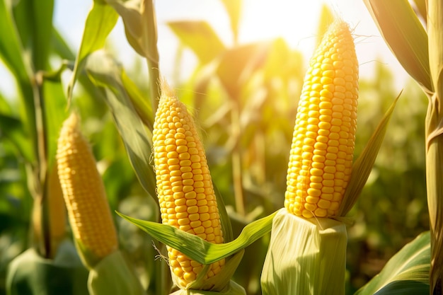 Close-up de espigas de milho em um campo de plantação de milho IA generativa