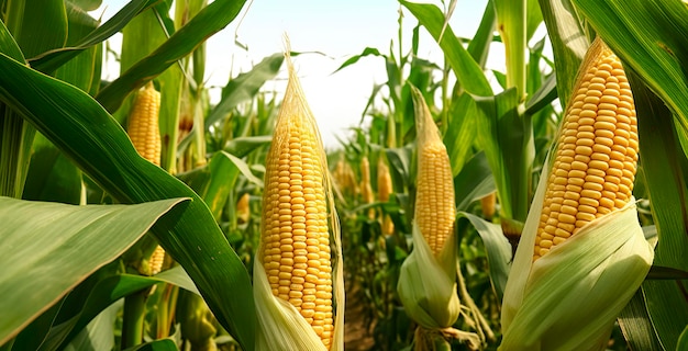 Close-up de espigas de milho em um campo de plantação de milho IA generativa