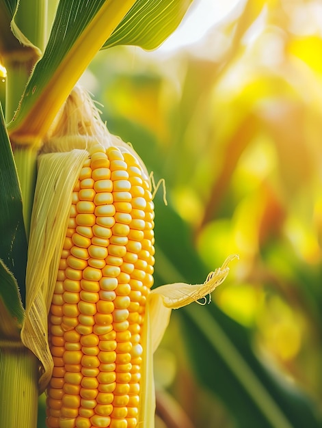 Close-up de espigas de milho em um campo de plantação de milho IA generativa