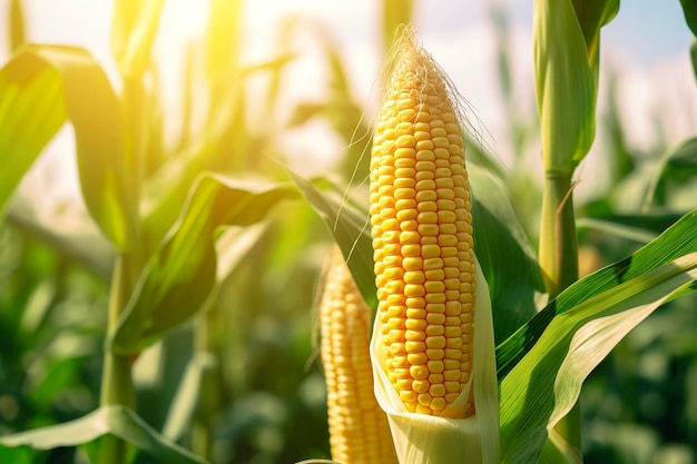 Close-up de espigas de milho em um campo de plantação de milho IA generativa