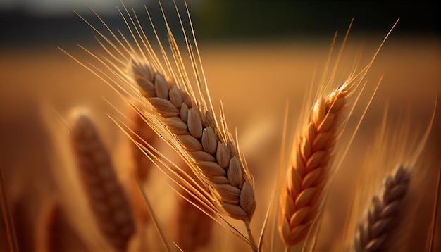 Close-up de espigas de trigo Campo de agricultura de trigo no verão Generative Ai