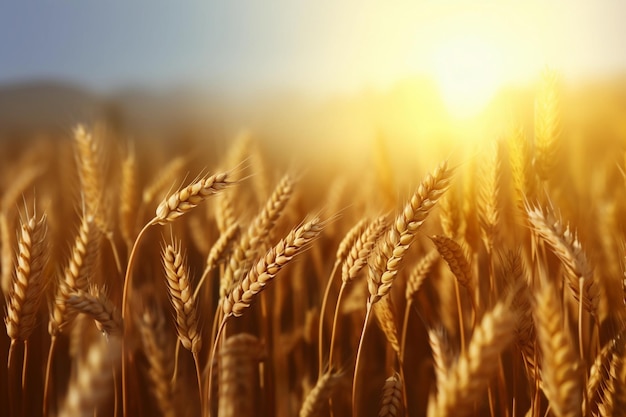 Close up de espigas de trigo em um campo de trigo ensolarado em um dia de verão ou outono Período de colheita