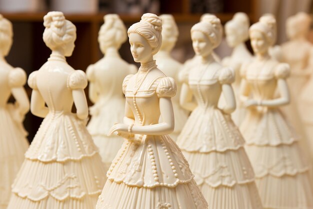 Close-up de estatuetas de porcelana de cor creme