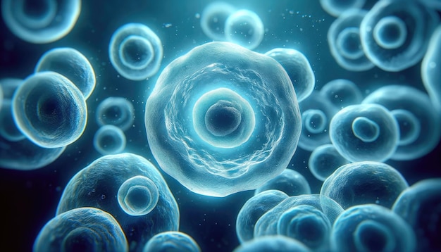 Close-up de estruturas celulares em tons azuis