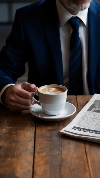 Close-up de executivo com um café e um jornal