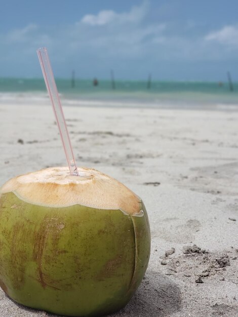 Foto close-up de fatia de limão na praia