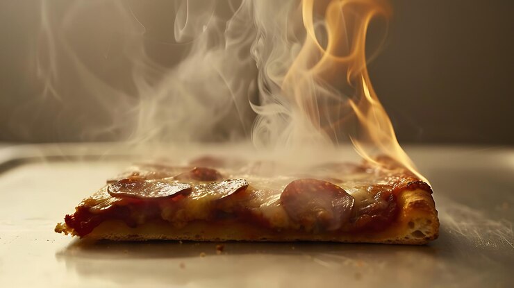 Foto close-up de fatia de pizza pepperoni com queijo derretido em fundo branco