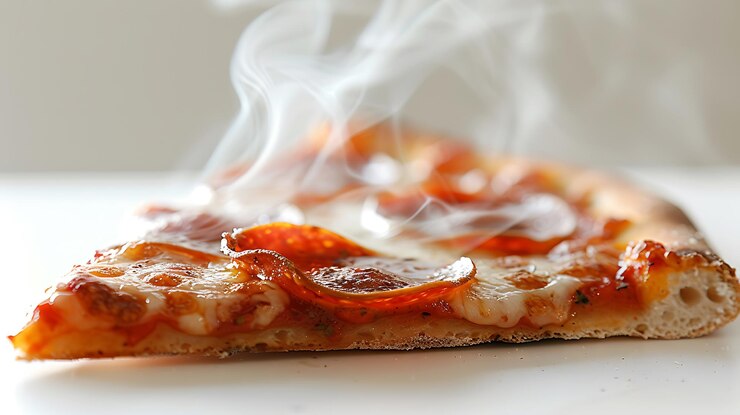 Foto close-up de fatia de pizza pepperoni com queijo derretido em fundo branco